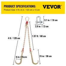 VEVOR Brida de cadena en V G80 de 5/16"×2' con 2 patas y ganchos en forma de J y T grandes de 15
