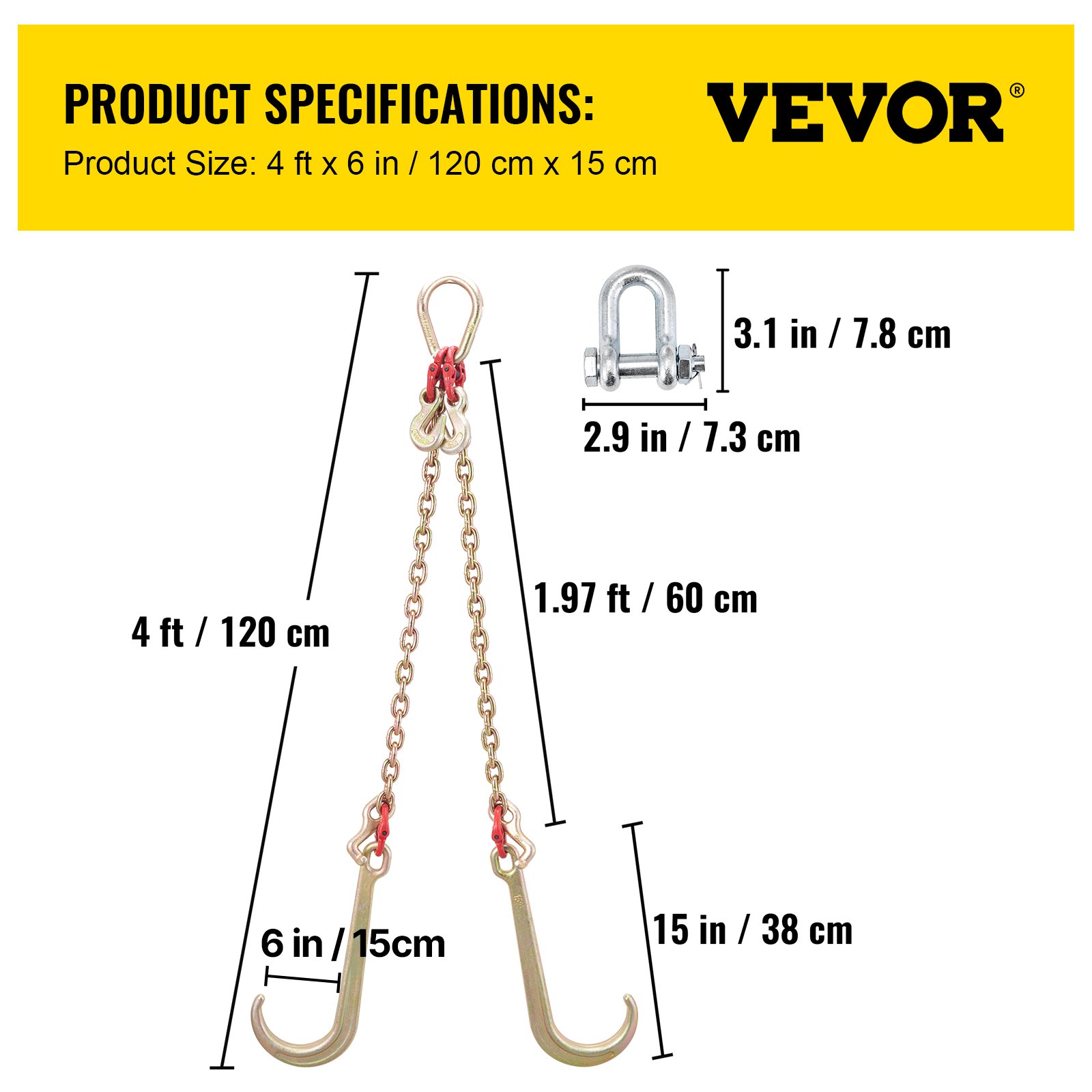 VEVOR Cadena de Brida en V Cadena de Remolque de Brida de Grado de Transporte 80 Resistencia a la Rotura 4,2 T con Ganchos T 10 x 6 cm J 38 x 15 cm Conector de Eslabón de Pera Acortadores de Cadena