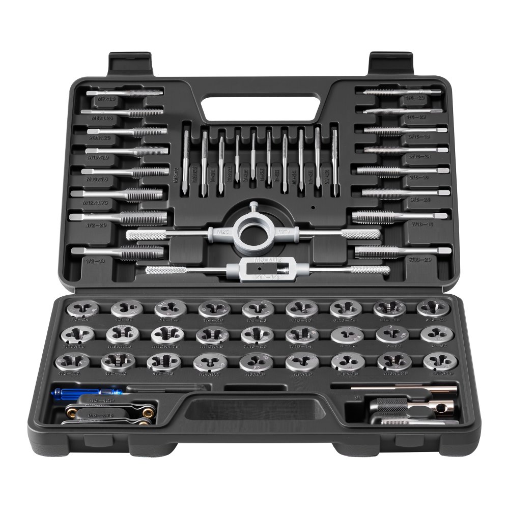VEVOR Juego de Machos y Terrajas de Roscar 60 Piezas, Métrico M3 a M12 y SAE 4-1/2 pulgadas, Rosca Fina y Gruesa, Acero Recubierto de Titanio, Incluye Calibre, Llave, Estuche para Reparación de Roscas