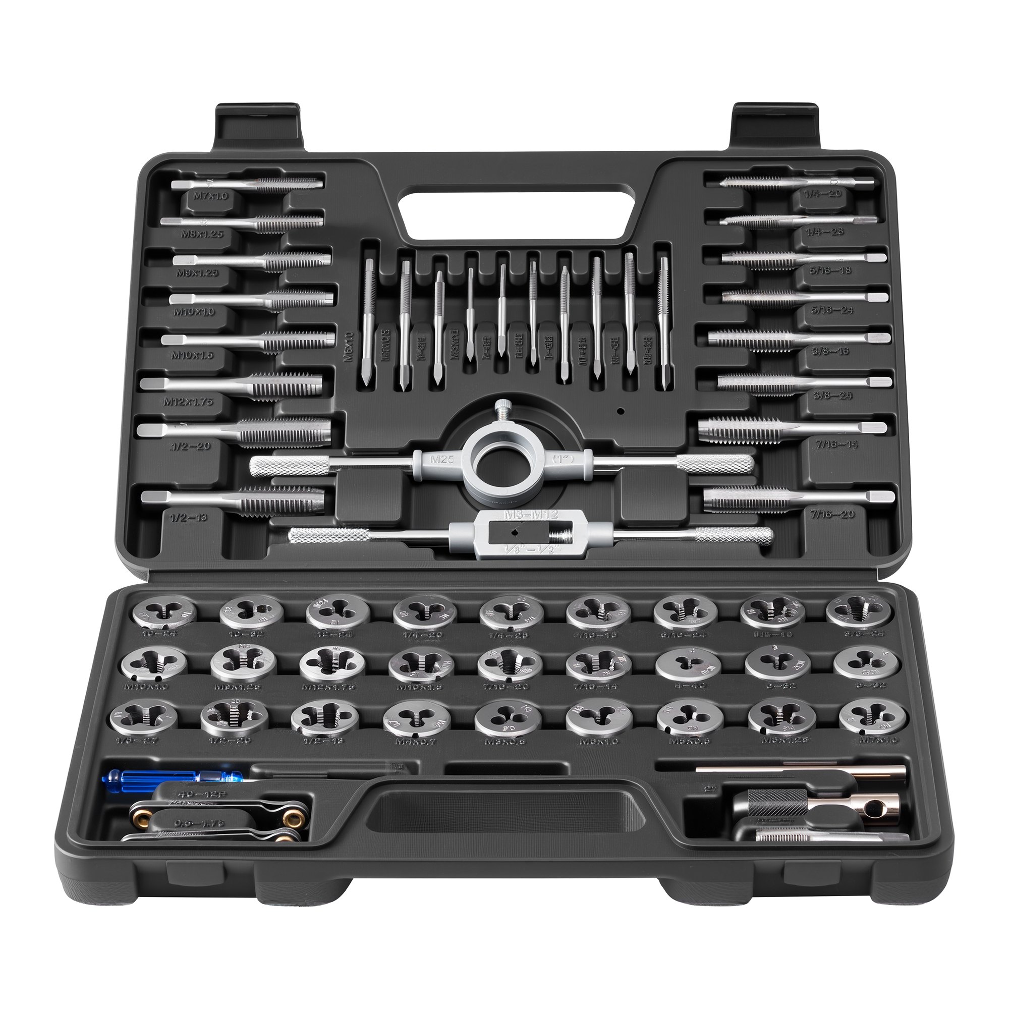 VEVOR Juego de Machos y Terrajas de Roscar 60 Piezas, Métrico M3 a M12 y SAE 4-1/2 pulgadas, Rosca Fina y Gruesa, Acero Recubierto de Titanio, Incluye Calibre, Llave, Estuche para Reparación de Roscas