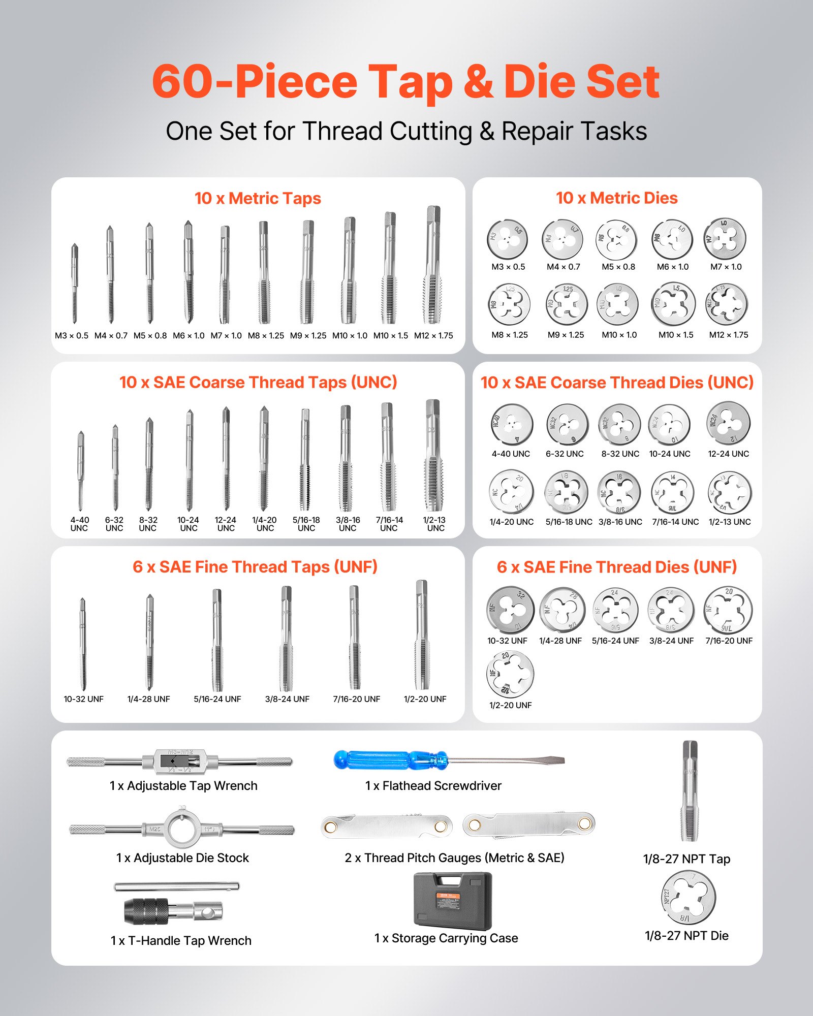 VEVOR Juego de Machos y Terrajas de Roscar 60 Piezas, Métrico M3 a M12 y SAE 4-1/2 pulgadas, Rosca Fina y Gruesa, Acero Recubierto de Titanio, Incluye Calibre, Llave, Estuche para Reparación de Roscas