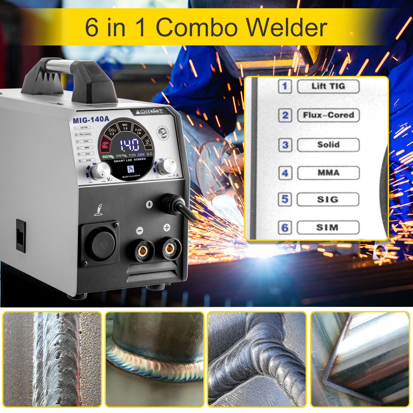 Vevor 6 En 1 Soldador Inversor Mig-140 Máquina De Soldadura Igbt Sig/tig/mma