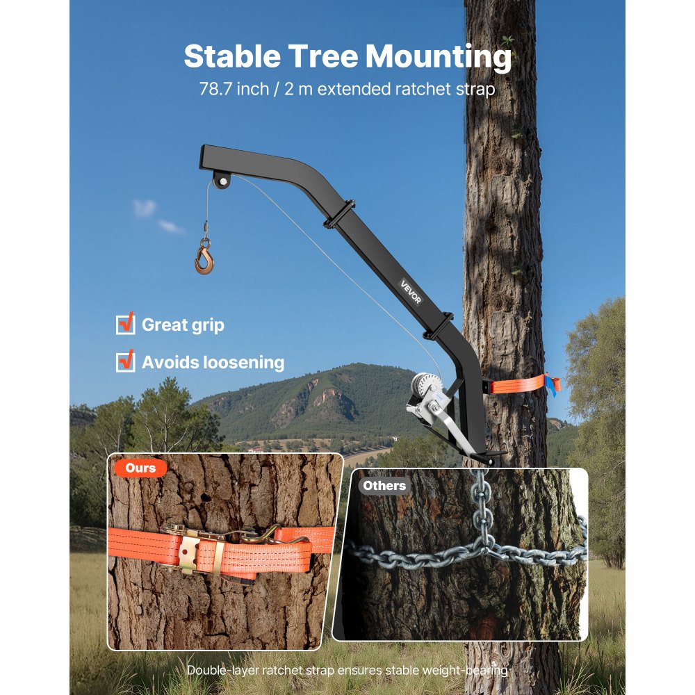 VEVOR Polipasto para Ciervos Montado en Árbol, Carga de 160 kg, Grúa de Caza con Cabrestante y Correa de Trinquete, para Desollar, Limpiar, Colgar Alimento y Preparar el Terreno, Color Negro