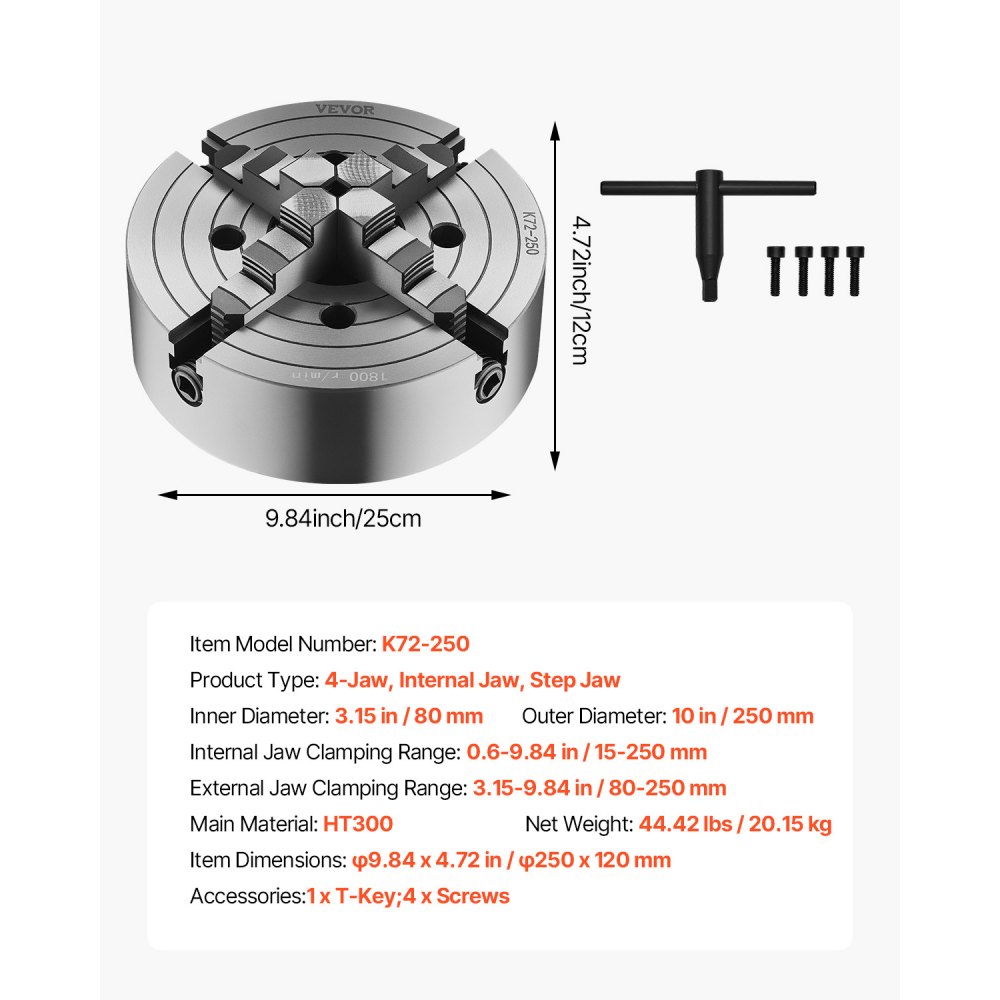 VEVOR Mandril de Torno de 4 Mordazas 25cm Autocentrante Rango de Sujeción de 15-250 mm con Tornillos de Fijación con Llave en T, Mordazas Reversibles, Interior/Exterior para Torno de Madera y Metal