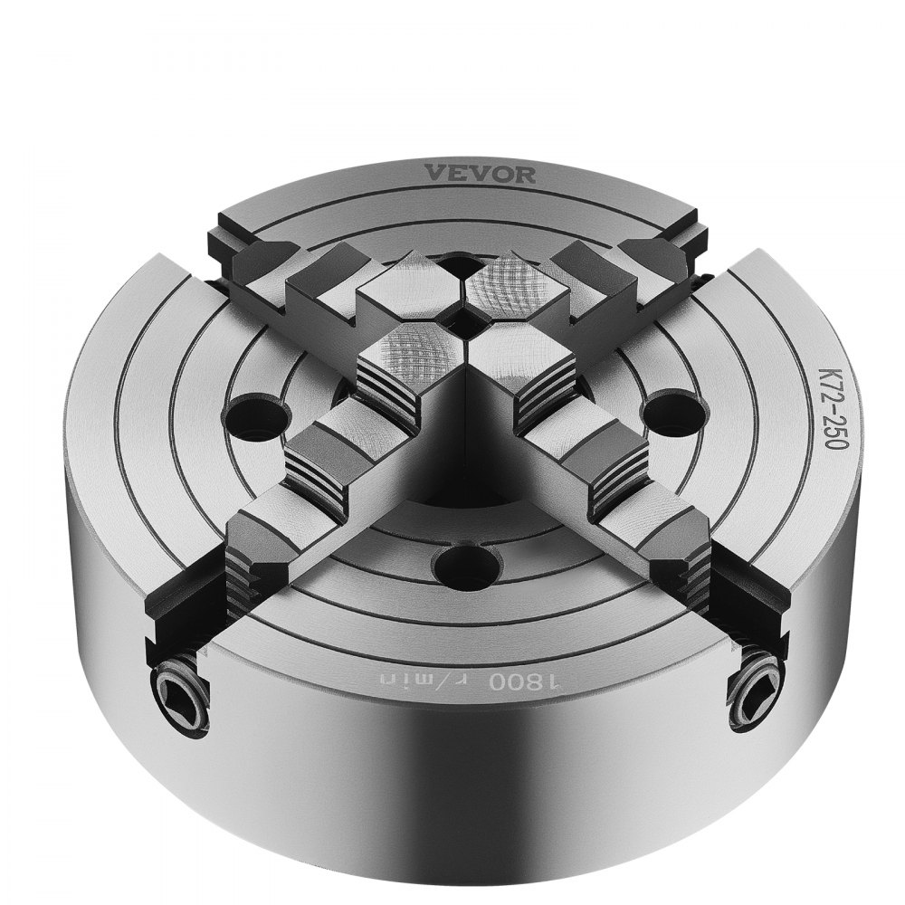 VEVOR Mandril de Torno de 4 Mordazas 25cm Autocentrante Rango de Sujeción de 15-250 mm con Tornillos de Fijación con Llave en T, Mordazas Reversibles, Interior/Exterior para Torno de Madera y Metal