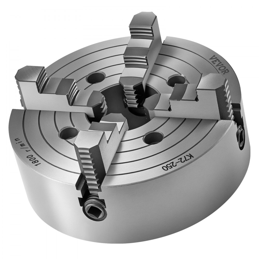 VEVOR Mandril de Torno de 4 Mordazas 25cm Autocentrante Rango de Sujeción de 15-250 mm con Tornillos de Fijación con Llave en T, Mordazas Reversibles, Interior/Exterior para Torno de Madera y Metal