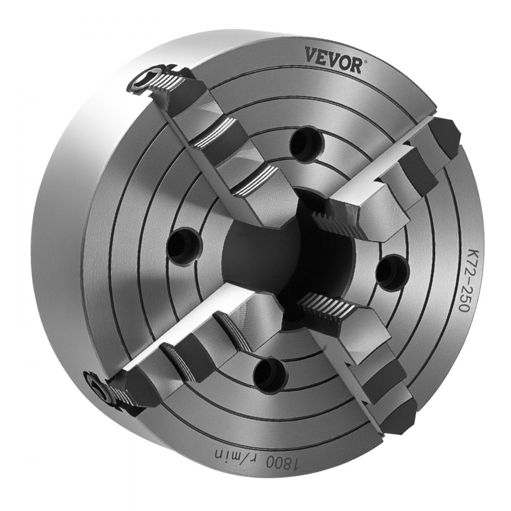 VEVOR Mandril de Torno de 4 Mordazas 25cm Autocentrante Rango de Sujeción de 15-250 mm con Tornillos de Fijación con Llave en T, Mordazas Reversibles, Interior/Exterior para Torno de Madera y Metal
