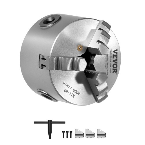 VEVOR Mandril de Torno de 3 Mordazas 80 mm Autocentrante Rango de Sujeción de 2-63 mm con Tornillos de Fijación con Llave en T, Mordazas Reversibles, Interior/Exterior para Torno de Madera y Metal
