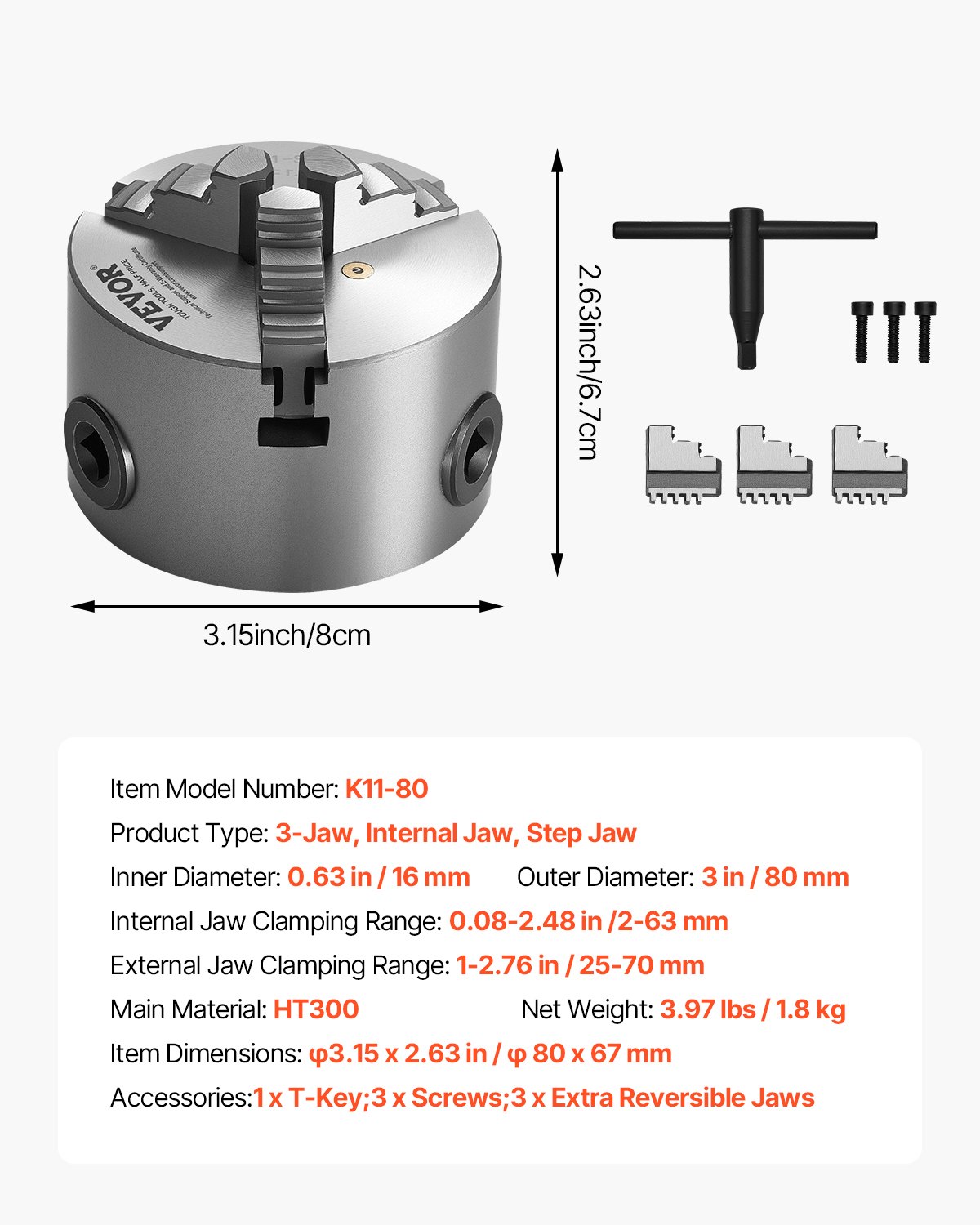 VEVOR 3-jaw chuck, 80 mm, self-centering chuck, 2-63 mm clamping range with T-key mounting screws, reversible jaws, HT300 material, for wood/metal lathes