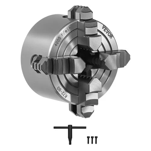 VEVOR Mandril de Torno de 4 mordazas 80 mm Autocentrante Rango de Sujeción de 5-80 mm con Tornillos de Fijación con Llave en T, Mordazas Reversibles, Interior/Exterior para Torno de Madera y Metal