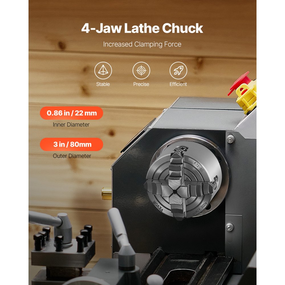 VEVOR 4-jaw lathe chuck, 80 mm, collet chuck, 5-80 mm clamping range with T-key mounting screws, reversible jaws, HT300 material, for wood/metal lathe