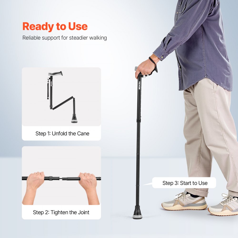 VEVOR walking stick, foldable walking stick with 8 height settings (735-915 mm), hiking stick, lightweight and portable aluminum walking aid for elderly adults, walking support with a 113 kg weight capacity