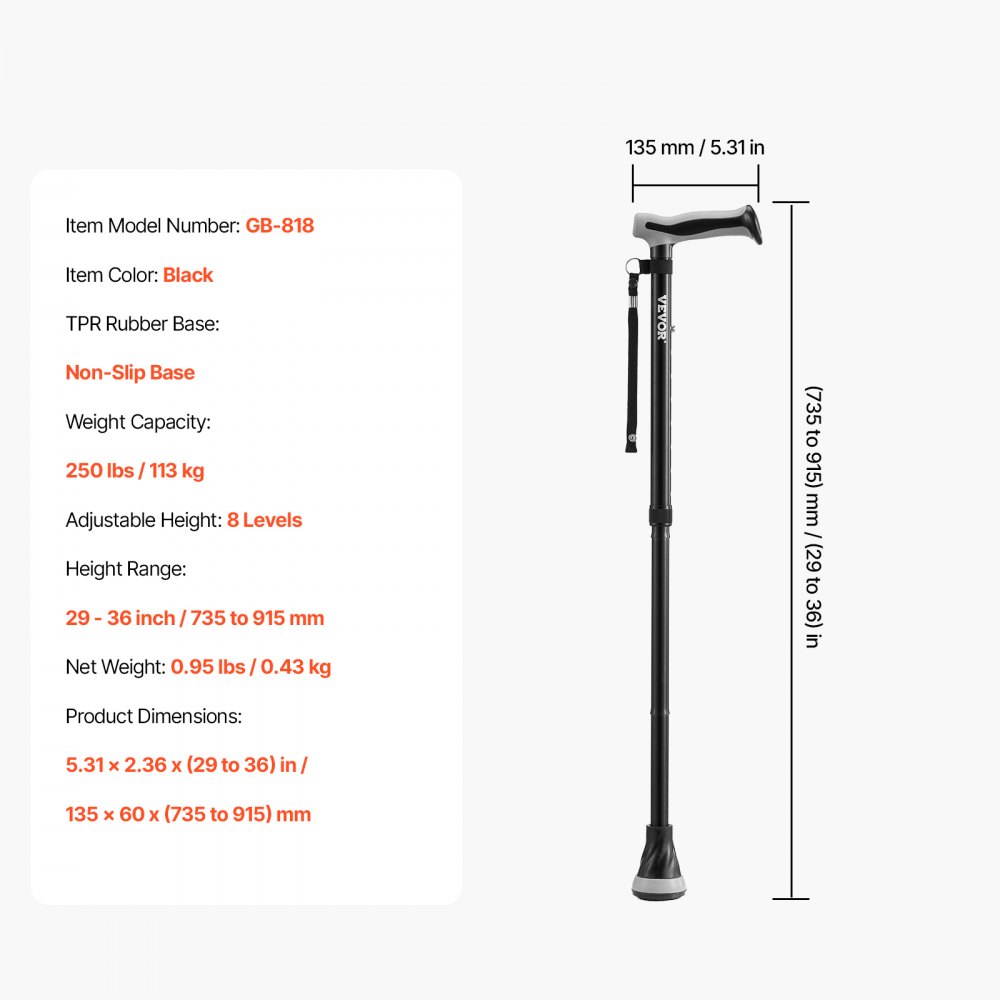 VEVOR walking stick, foldable walking stick with 8 height settings (735-915 mm), hiking stick, lightweight and portable aluminum walking aid for elderly adults, walking support with a 113 kg weight capacity