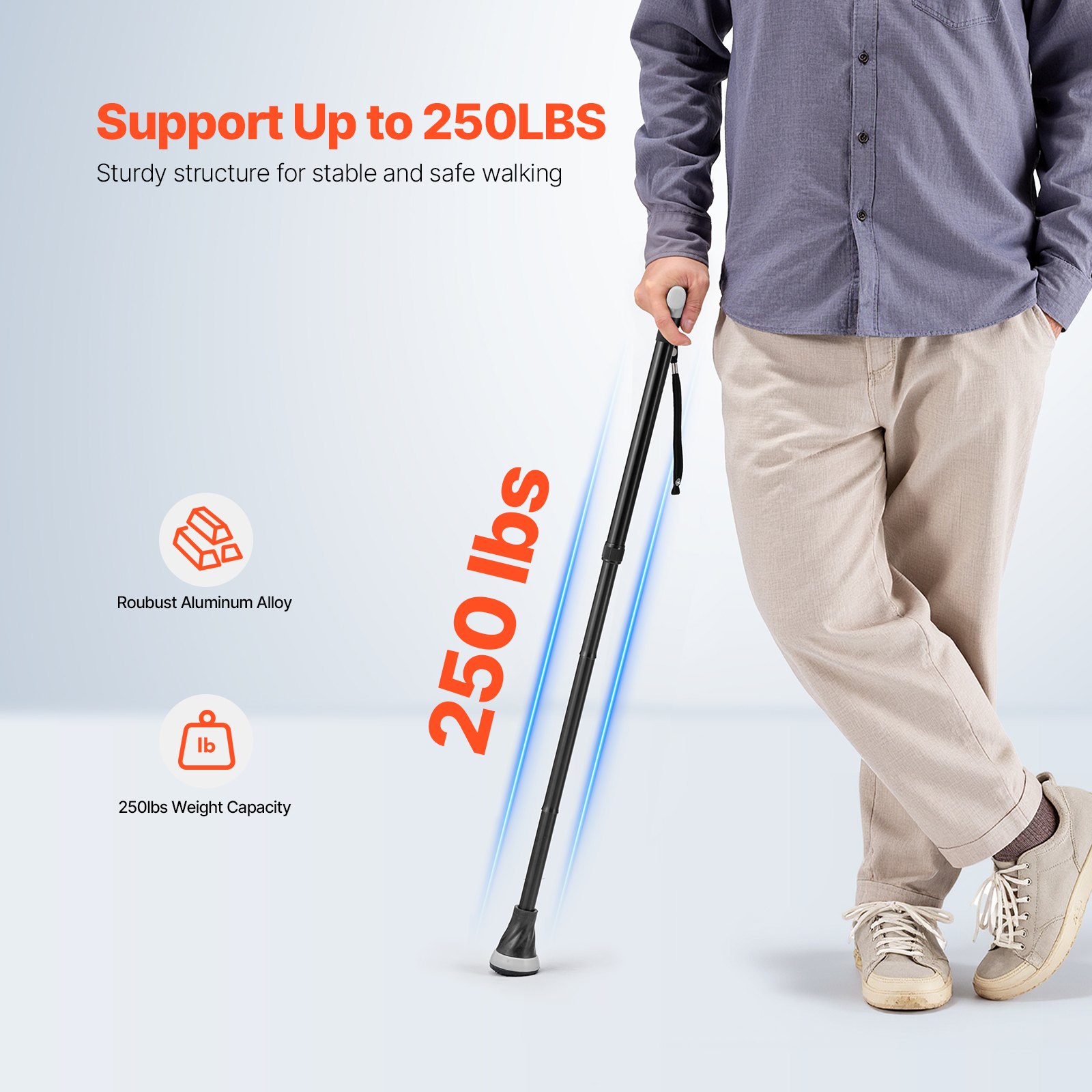 VEVOR Bastón Plegable para Caminar, Altura de 8 Niveles y Punta Antideslizante, Ayuda para Caminar de Aluminio Ligera y Portátil para Adultos Mayores, Carga 113 kg, 135 x 60 x (735 a 915) mm