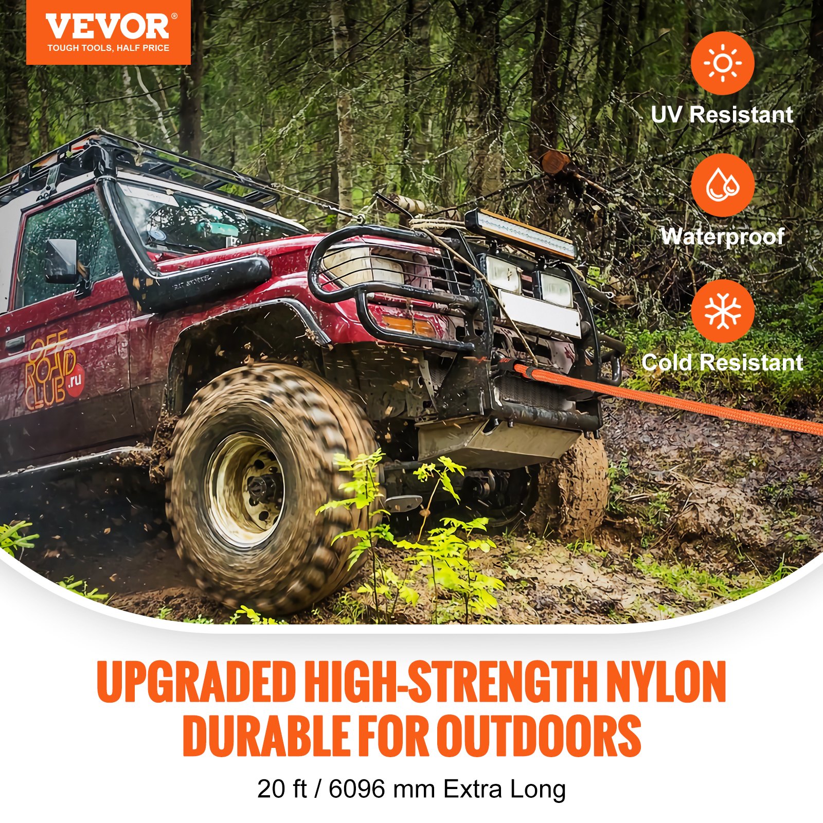 VEVOR Cuerda de Remolque de Nilón de Recuperación Cinética de 25,4 mm x 6,1 m, carga de 17237 kg, Correa de Arranque Resistente de Energía de Elasticidad Extrema  para Jeep, Camión, SUV, Tractor