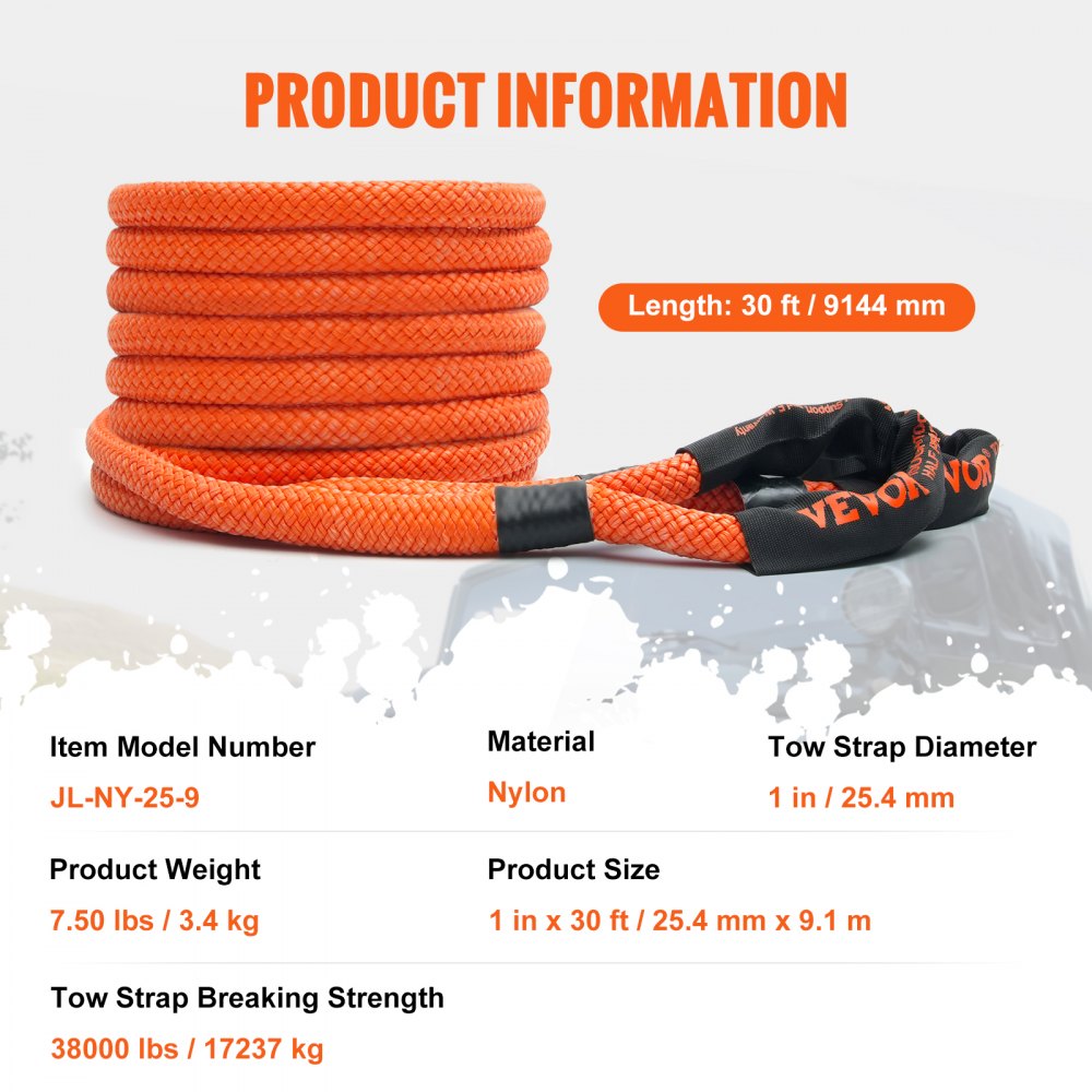 VEVOR 25 mm x 9 m Tow Rope 17237 kg, Heavy-Duty Off-Road Tow Strap, Extremely Durable Recovery Strap with 30% Elastic Energy for Jeep, Car, Truck, ATV, UTV, SUV, Tractor