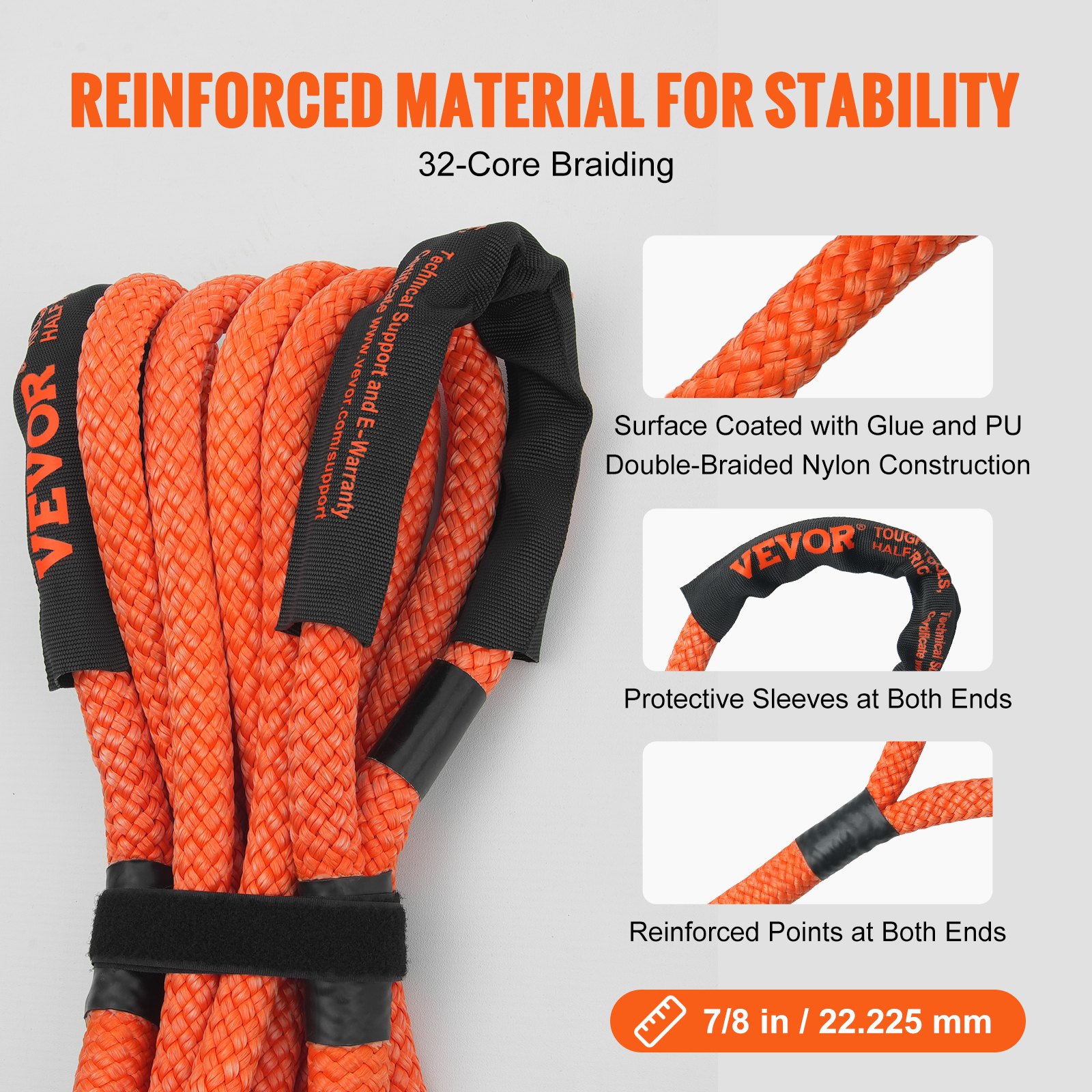 VEVOR Cuerda de Remolque de Nilón de Recuperación Cinética de 22,225 mm x 6,1 m, carga de 13871 kg, Correa de Arranque Resistente de Energía de Elasticidad Extrema  para Jeep, Camión, SUV, Tractor