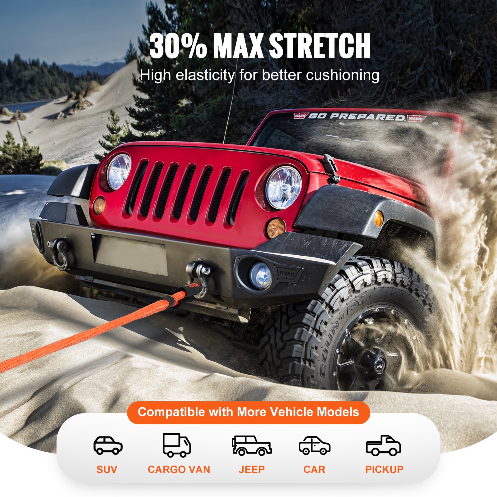 VEVOR Cuerda de Remolque de Nilón de Recuperación Cinética de 22,225 mm x 6,1 m, carga de 13871 kg, Correa de Arranque Resistente de Energía de Elasticidad Extrema  para Jeep, Camión, SUV, Tractor
