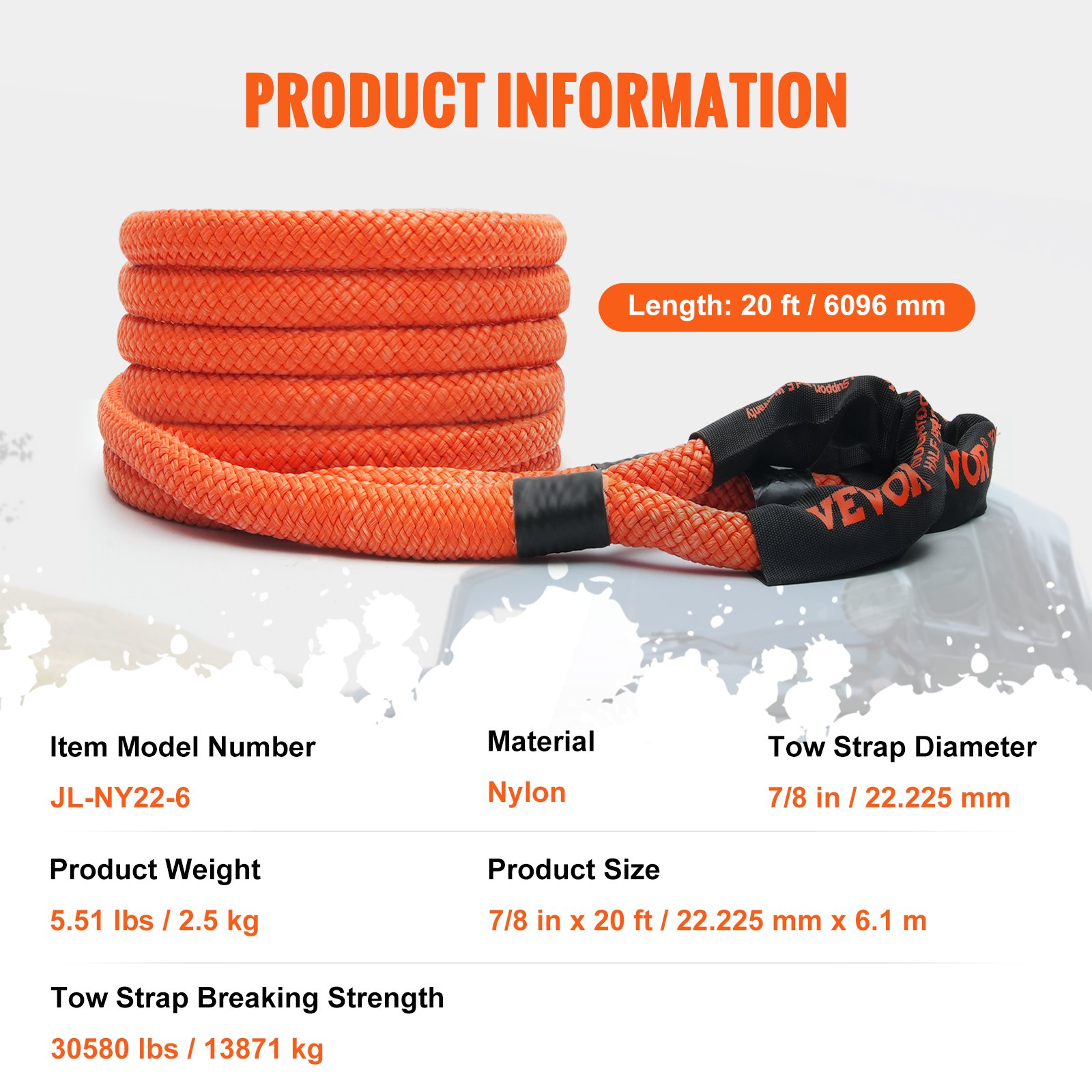 VEVOR Cuerda de Remolque de Nilón de Recuperación Cinética de 22,225 mm x 6,1 m, carga de 13871 kg, Correa de Arranque Resistente de Energía de Elasticidad Extrema  para Jeep, Camión, SUV, Tractor