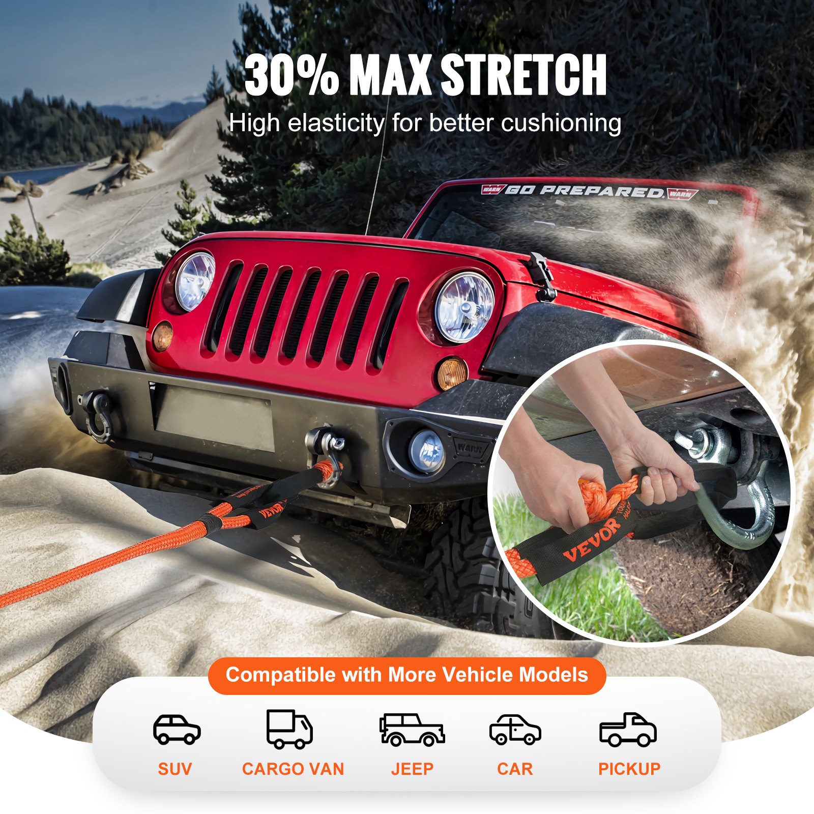 VEVOR Cuerda de Remolque de Nilón de Recuperación Cinética de 22,225 mm x 9,1 m, carga de 13871 kg, Correa de Arranque Resistente de Energía de Elasticidad Extrema  para Jeep, Camión, SUV, Tractor
