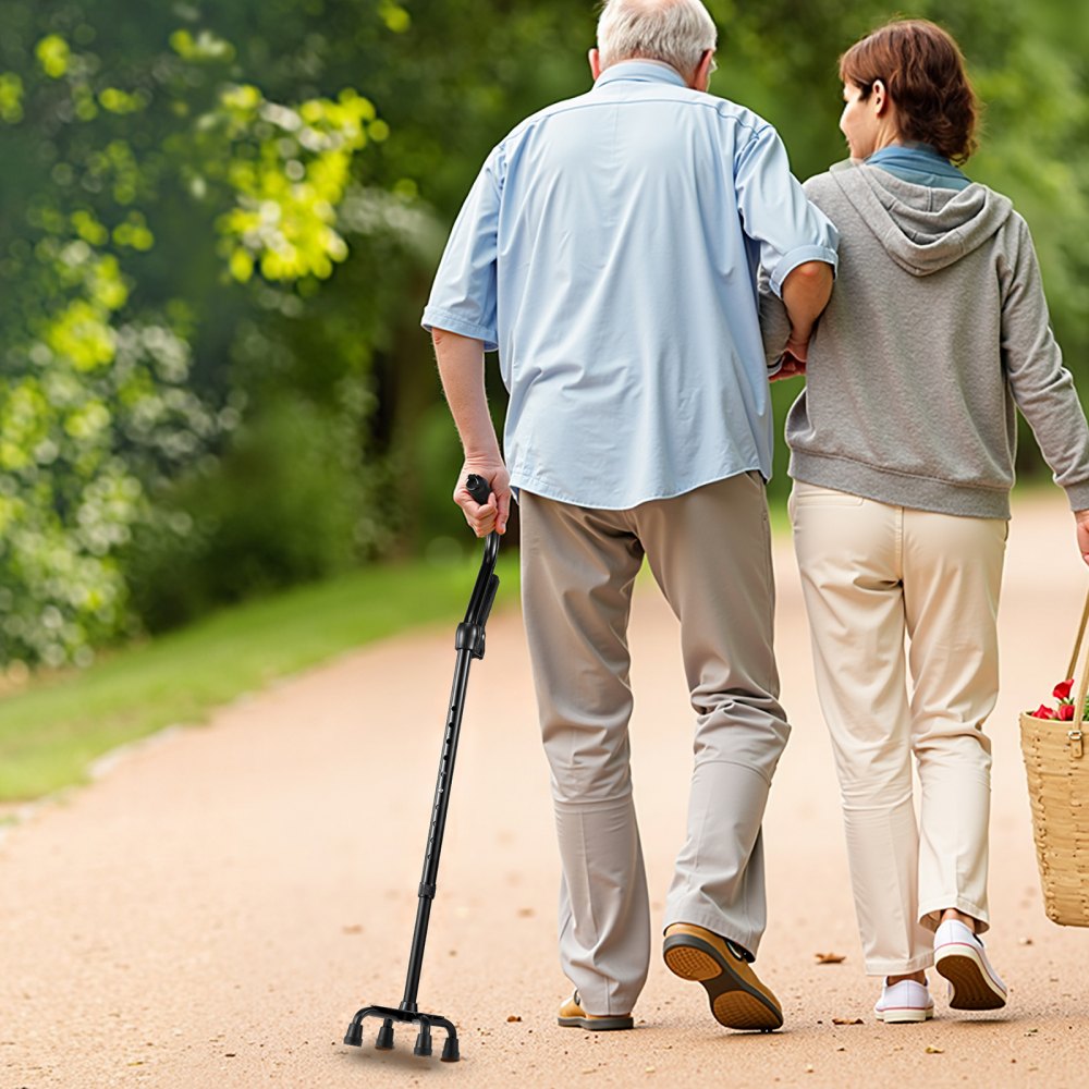 VEVOR Bastón para Caminar de Cuatro Patas, Altura Ajustable de 10 Niveles con Base Estable de 4 Puntas, Aluminio Liviano y Portátil para Personas Mayores, Adultos, Carga 113 kg, 175x132x725-955 mm