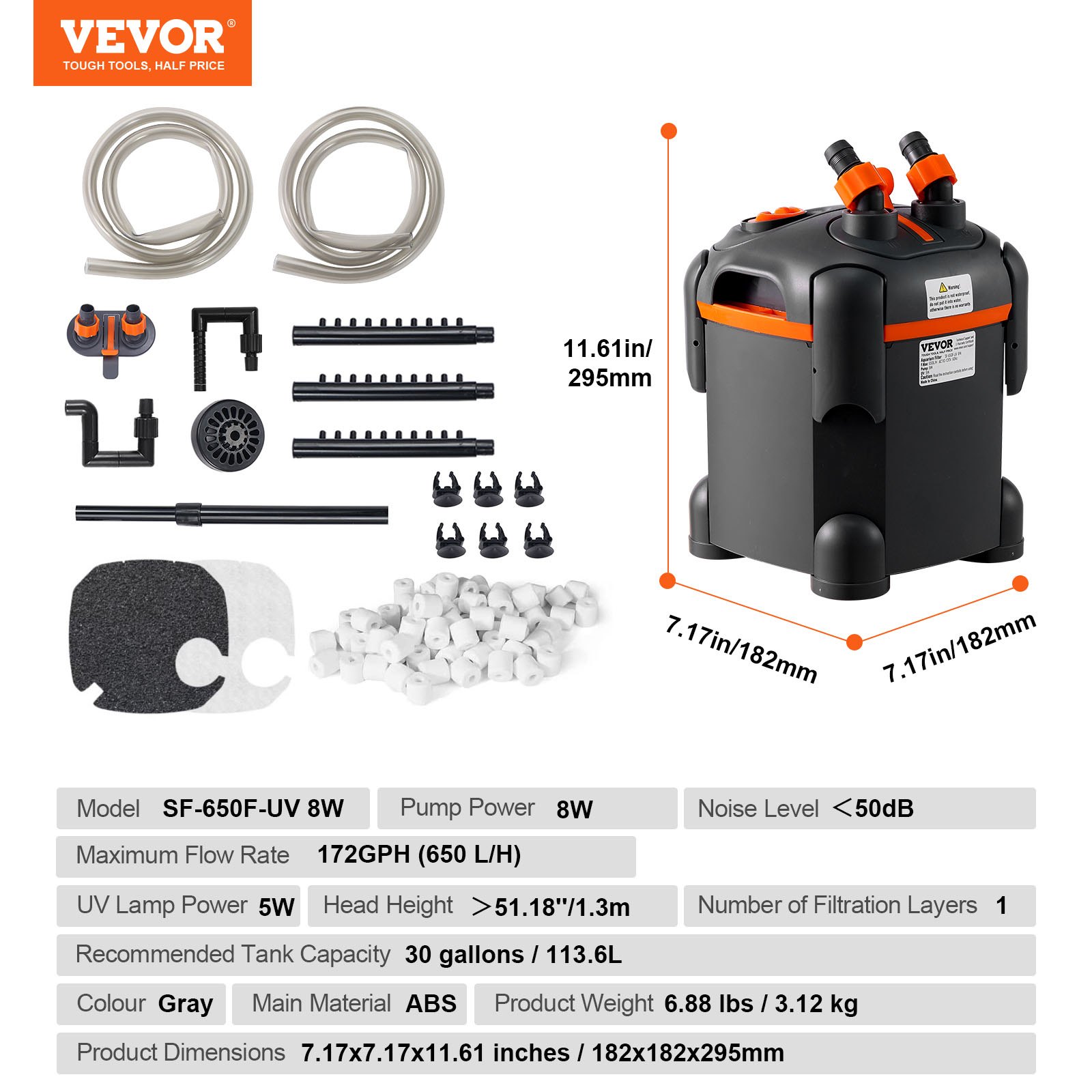 VEVOR Filtro de Acuario 650L/H, Filtro de Cartucho 113.6L, Filtro Interno de Acuario Ultra Silencioso con Protección UV, Potente Filtro Sumergible con Múltiples Funciones para Acuarios, 8W