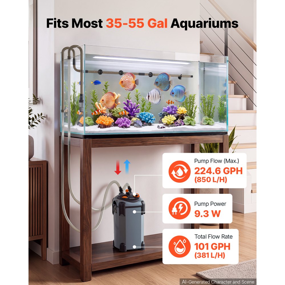 VEVOR Filtro Externo para Acuario 850 L/h, Filtro Canister con Lámpara UV, Filtración de 3 Etapas, Motor de Cobre, Flujo Ajustable, Sellado de 4 Capas y Ruido Inferior a 38 dB para Acuarios 132-208 L