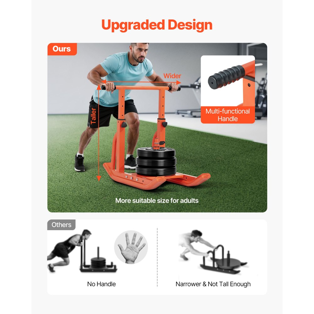 VEVOR Trineo de Entrenamiento Físico para Mejorar la Velocidad en Ejercicios Atléticos, con Mango de Altura Ajustable, Compatible con Discos de Pesas de 25/51 mm, Naranja, 900 x 702 x 820 mm