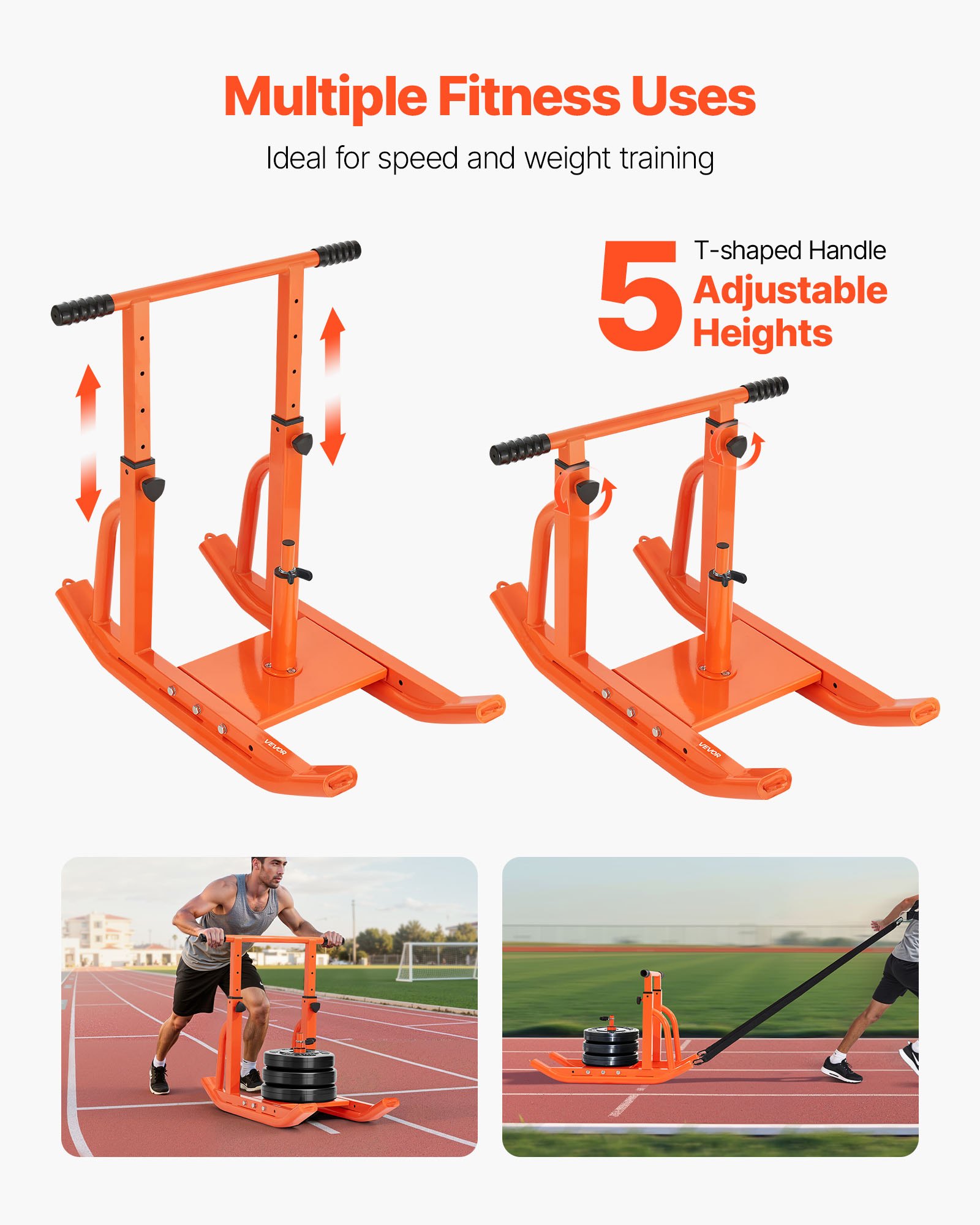 VEVOR Trineo de Entrenamiento Físico para Mejorar la Velocidad en Ejercicios Atléticos, con Mango de Altura Ajustable, Compatible con Discos de Pesas de 25/51 mm, Naranja, 900 x 702 x 820 mm