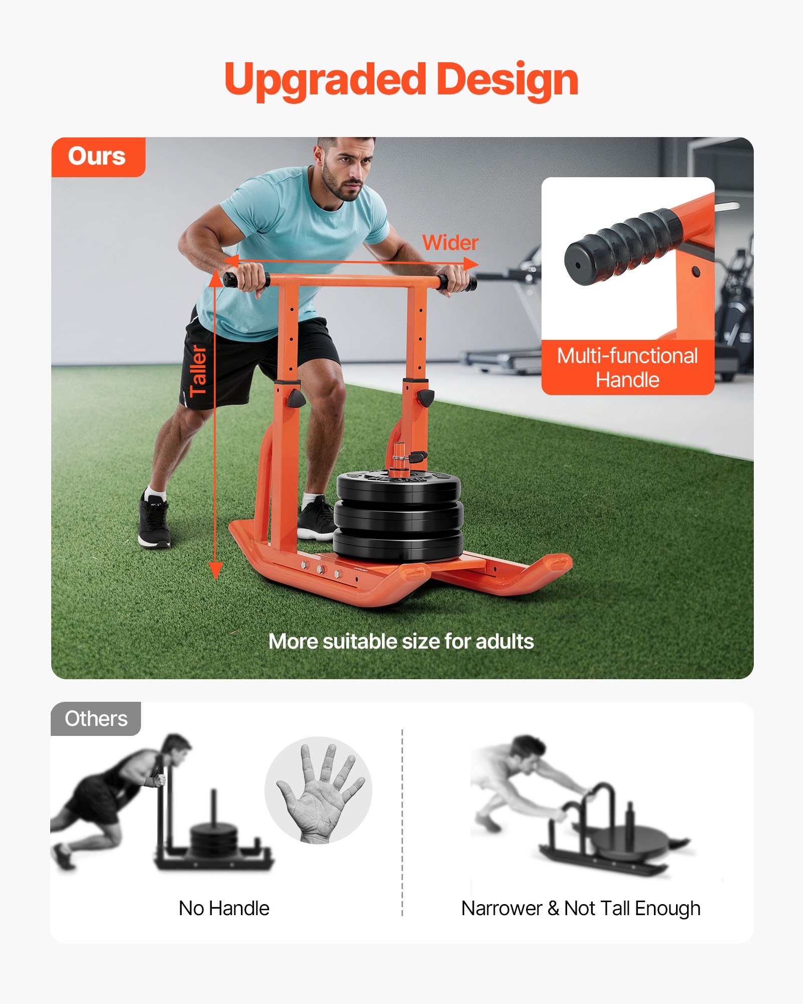 VEVOR Trineo de Entrenamiento Físico para Mejorar la Velocidad en Ejercicios Atléticos, con Mango de Altura Ajustable, Compatible con Discos de Pesas de 25/51 mm, Naranja, 900 x 702 x 820 mm