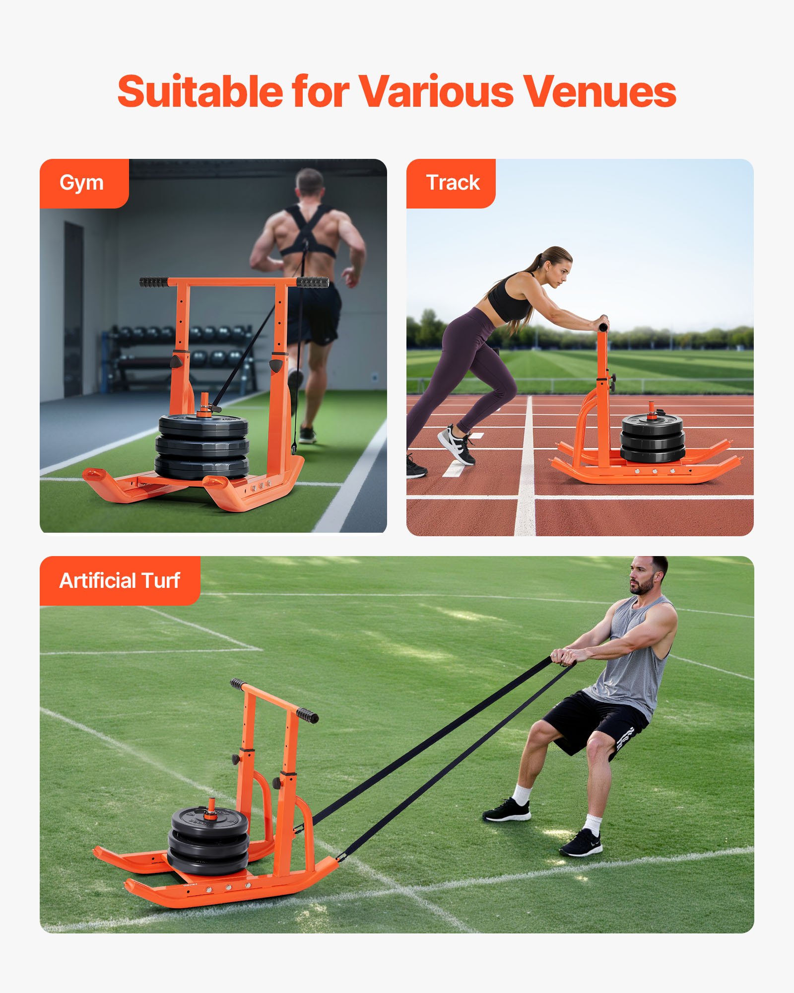 VEVOR Trineo de Entrenamiento Físico para Mejorar la Velocidad en Ejercicios Atléticos, con Mango de Altura Ajustable, Compatible con Discos de Pesas de 25/51 mm, Naranja, 900 x 702 x 820 mm