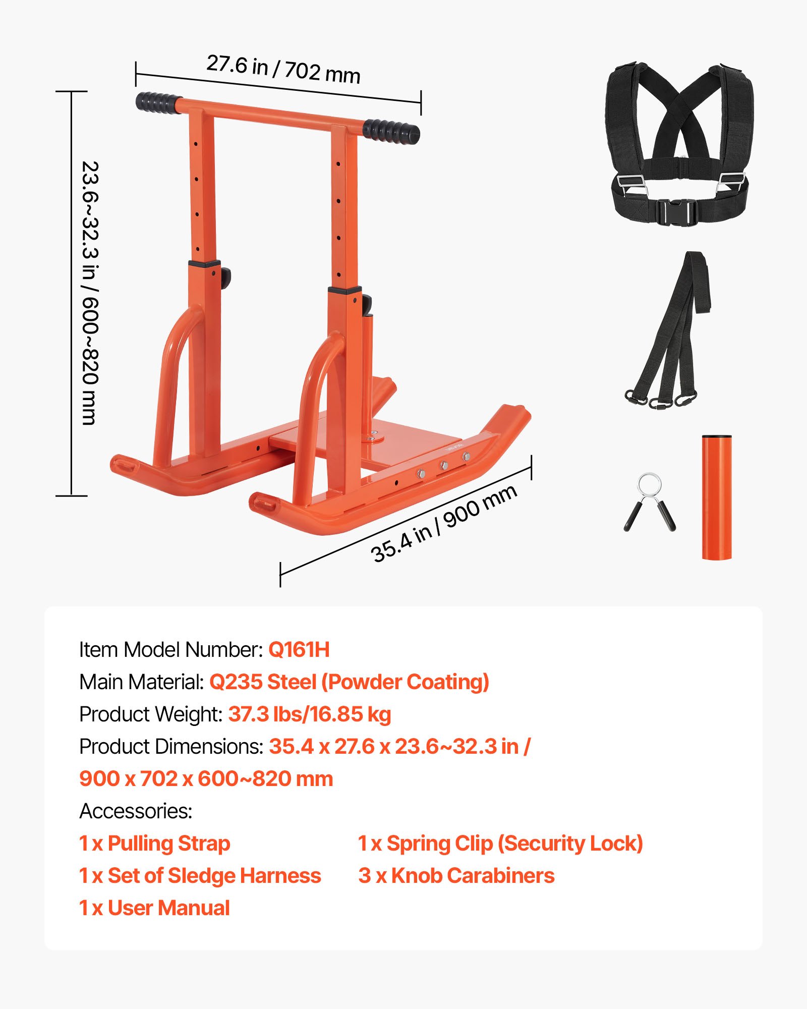 VEVOR Trineo de Entrenamiento Físico para Mejorar la Velocidad en Ejercicios Atléticos, con Mango de Altura Ajustable, Compatible con Discos de Pesas de 25/51 mm, Naranja, 900 x 702 x 820 mm