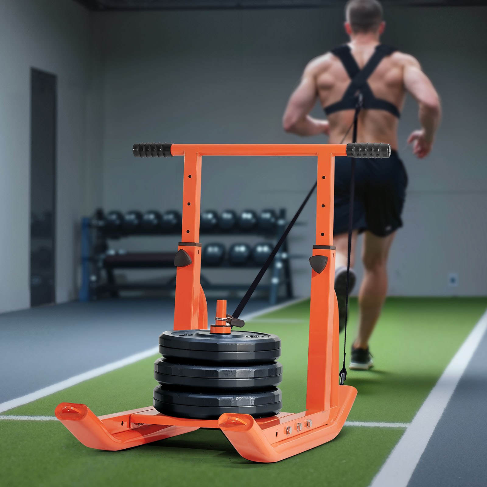 VEVOR Trineo de Entrenamiento Físico para Mejorar la Velocidad en Ejercicios Atléticos, con Mango de Altura Ajustable, Compatible con Discos de Pesas de 25/51 mm, Naranja, 900 x 702 x 820 mm