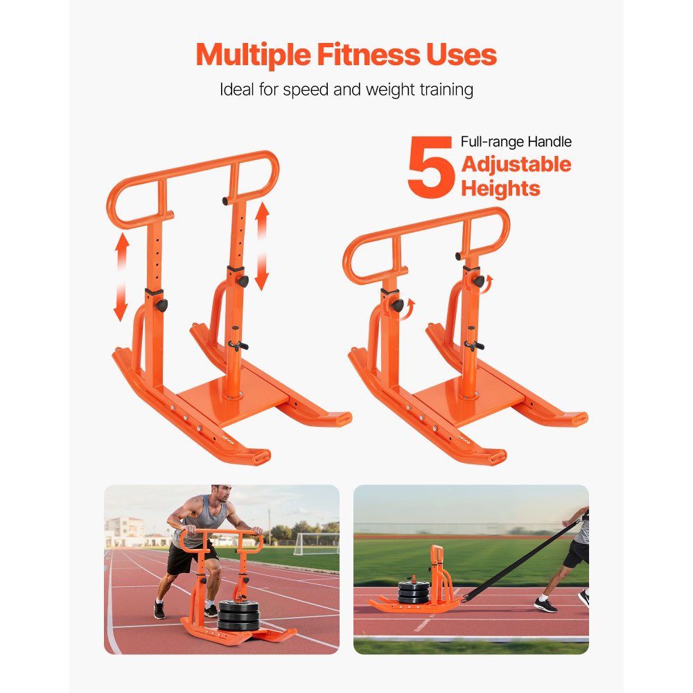VEVOR Trineo de Entrenamiento Físico para Mejorar la Velocidad en Ejercicios Atléticos, con Mango Envolvente Ajustable de Altura Ajustable, Compatible con Discos de Pesas de 25/51 mm, Naranja