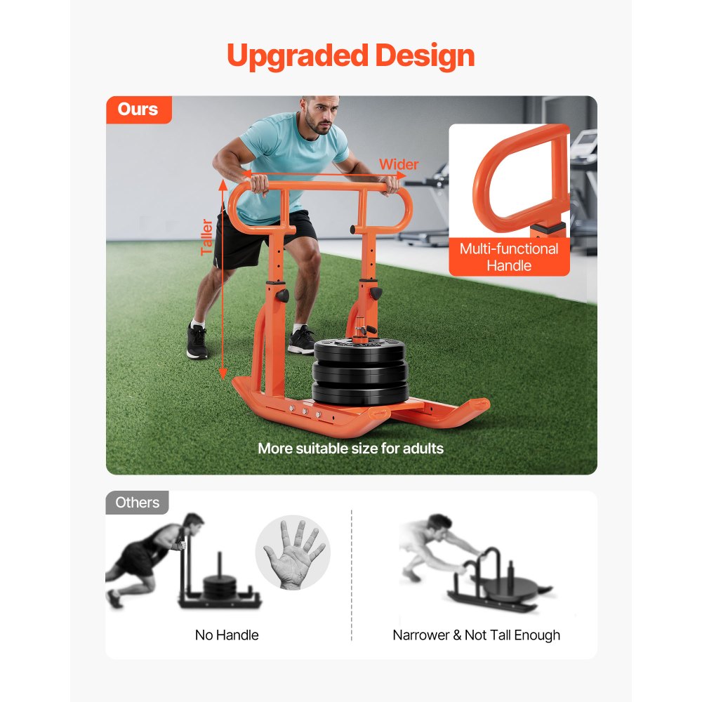 VEVOR Trineo de Entrenamiento Físico para Mejorar la Velocidad en Ejercicios Atléticos, con Mango Envolvente Ajustable de Altura Ajustable, Compatible con Discos de Pesas de 25/51 mm, Naranja