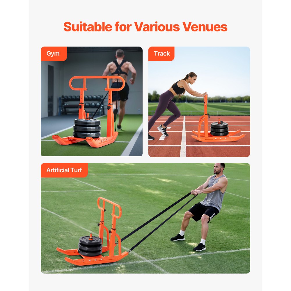 VEVOR Trineo de Entrenamiento Físico para Mejorar la Velocidad en Ejercicios Atléticos, con Mango Envolvente Ajustable de Altura Ajustable, Compatible con Discos de Pesas de 25/51 mm, Naranja