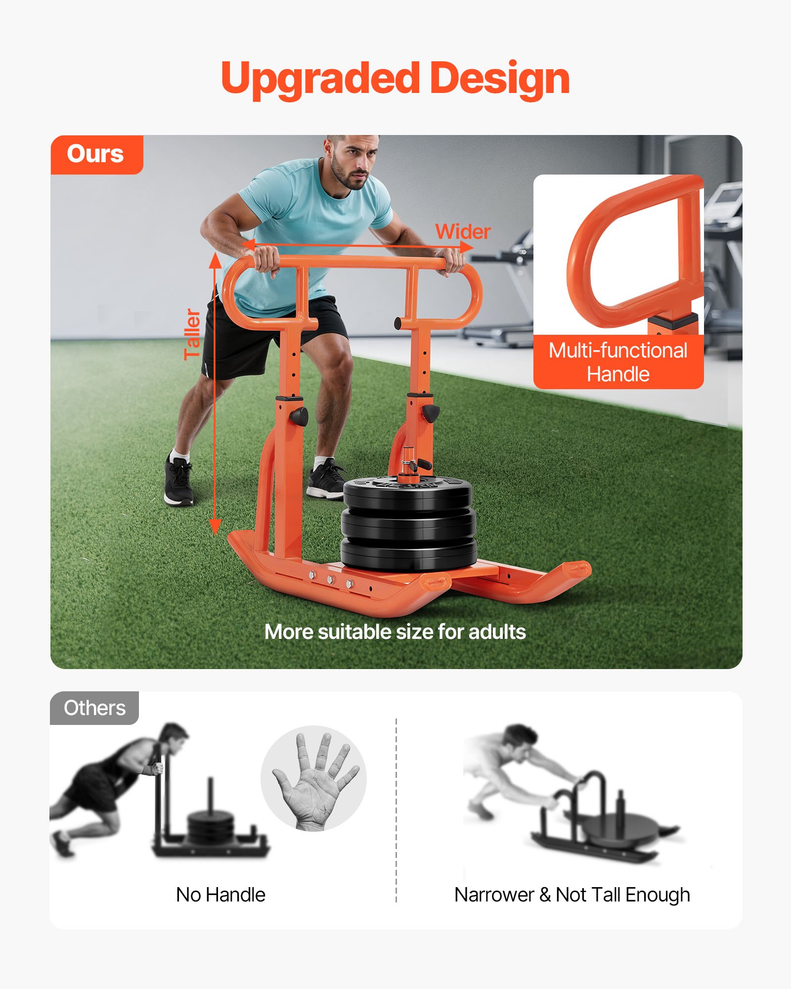 VEVOR Trineo de Entrenamiento Físico para Mejorar la Velocidad en Ejercicios Atléticos, con Mango Envolvente Ajustable de Altura Ajustable, Compatible con Discos de Pesas de 25/51 mm, Naranja