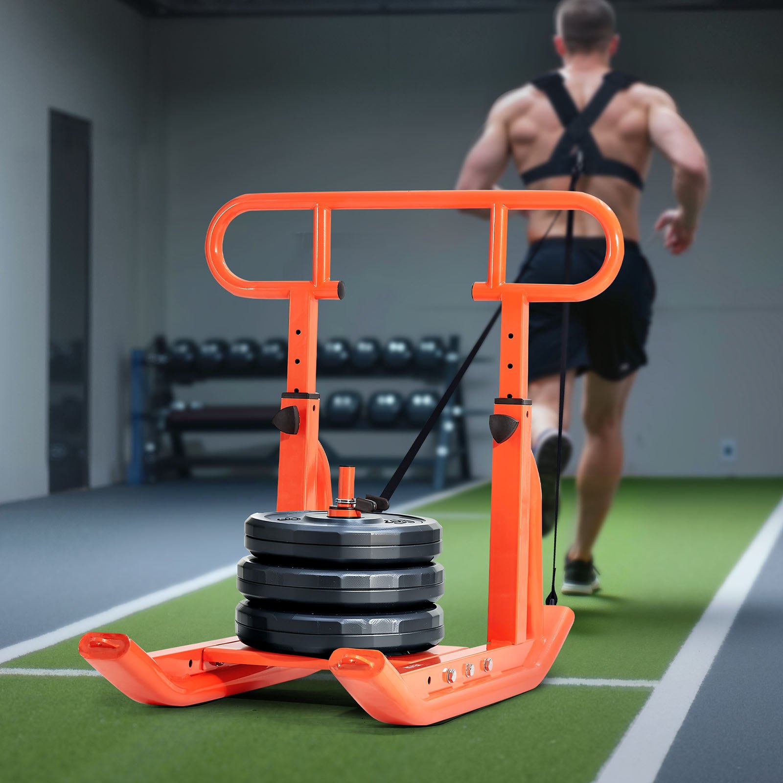 VEVOR Trineo de Entrenamiento Físico para Mejorar la Velocidad en Ejercicios Atléticos, con Mango Envolvente Ajustable de Altura Ajustable, Compatible con Discos de Pesas de 25/51 mm, Naranja