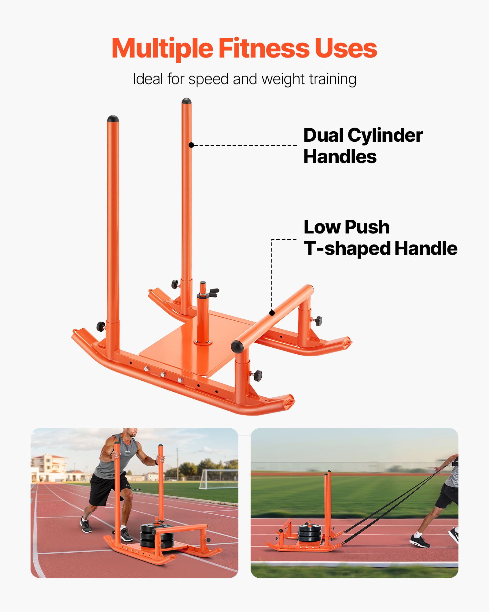 VEVOR Trineo de Potencia para Entrenamiento de Fuerza, para Mejorar la Velocidad en Ejercicios Atléticos, con Mango en T, Compatible con Discos de 25/51 mm, Color Naranja, 1030 x 660 x 1040 mm