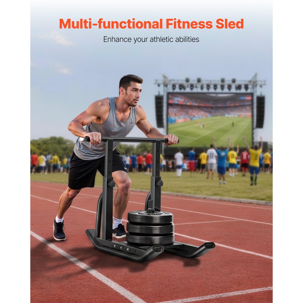 VEVOR Trineo de Entrenamiento Físico para Mejorar la Velocidad en Ejercicios Atléticos, con Mango en Forma T de Altura Ajustable, Compatible con Discos de Pesas de 25/51 mm, Negro, Acero Q235