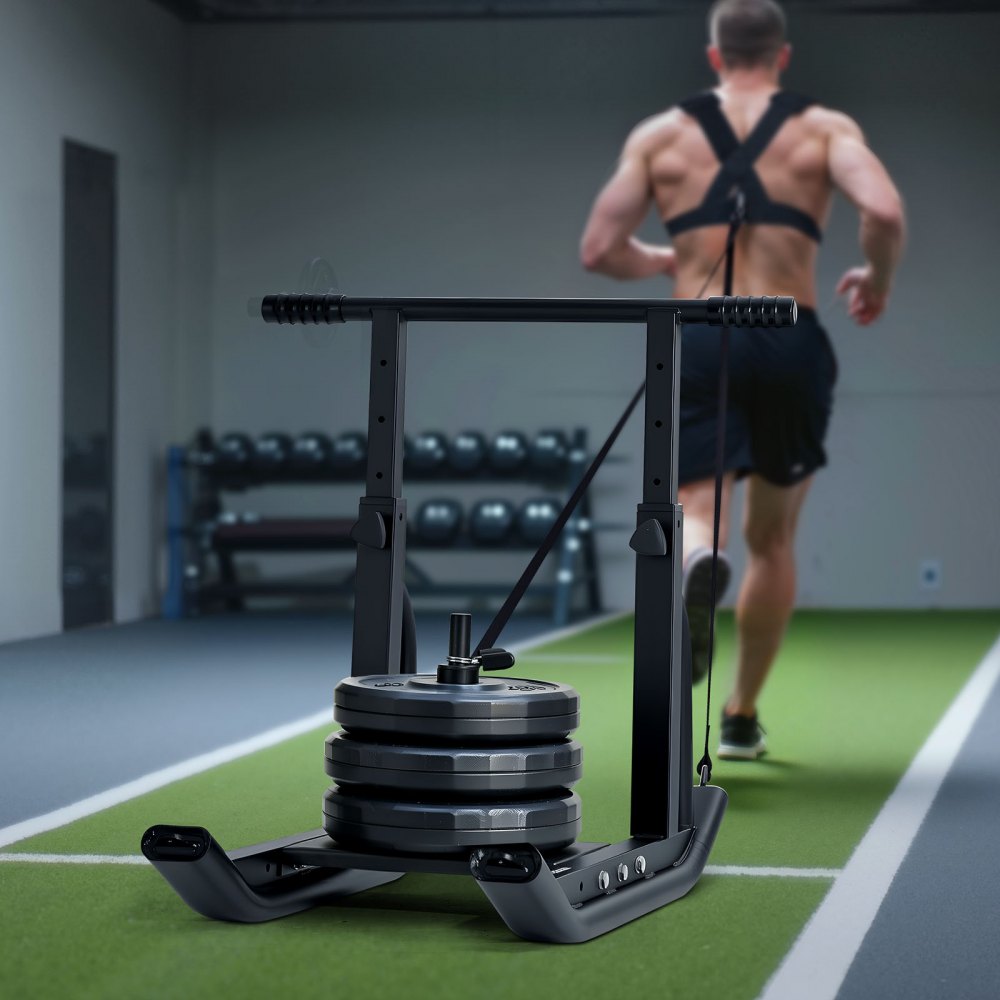 VEVOR Trineo de Entrenamiento Físico para Mejorar la Velocidad en Ejercicios Atléticos, con Mango en Forma T de Altura Ajustable, Compatible con Discos de Pesas de 25/51 mm, Negro, Acero Q235
