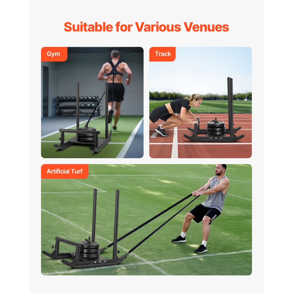 VEVOR Trineo de Potencia de Acero, Trineo de Entrenamiento de Fuerza para Mejorar la Velocidad en Ejercicios Atléticos, con Asa, Compatible con Discos de 25/51 mm, Negro, 1030 x 660 x 1040 mm