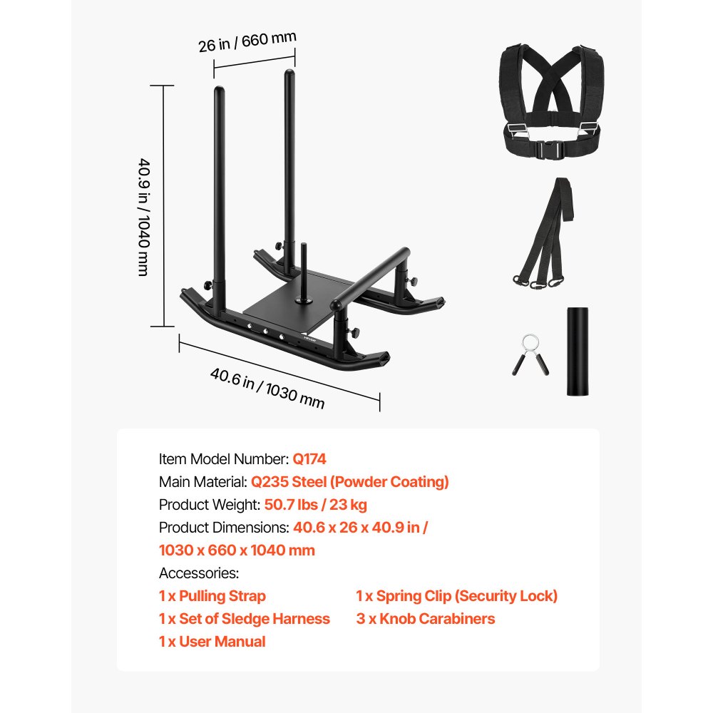 VEVOR Trineo de Potencia de Acero, Trineo de Entrenamiento de Fuerza para Mejorar la Velocidad en Ejercicios Atléticos, con Asa, Compatible con Discos de 25/51 mm, Negro, 1030 x 660 x 1040 mm