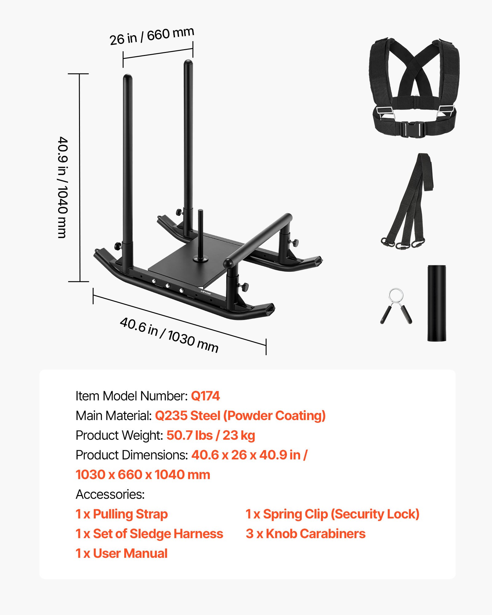 VEVOR Trineo de Potencia de Acero, Trineo de Entrenamiento de Fuerza para Mejorar la Velocidad en Ejercicios Atléticos, con Asa, Compatible con Discos de 25/51 mm, Negro, 1030 x 660 x 1040 mm