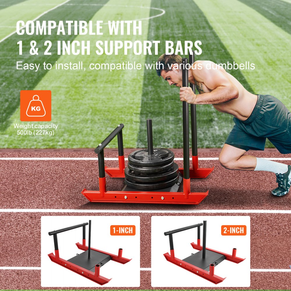 VEVOR Trineo de Potencia de Acero a Mejorar la Velocidad en Ejercicios Atléticos, Equipo de Entrenamiento con Asa y Mango en T, Compatible con Discos 25/51 mm, Rojo y Negro, 1030 x 660 x 1040 mm