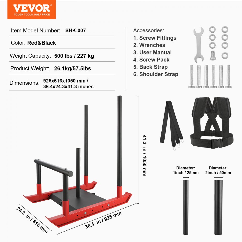VEVOR Trineo de Potencia de Acero a Mejorar la Velocidad en Ejercicios Atléticos, Equipo de Entrenamiento con Asa y Mango en T, Compatible con Discos 25/51 mm, Rojo y Negro, 1030 x 660 x 1040 mm
