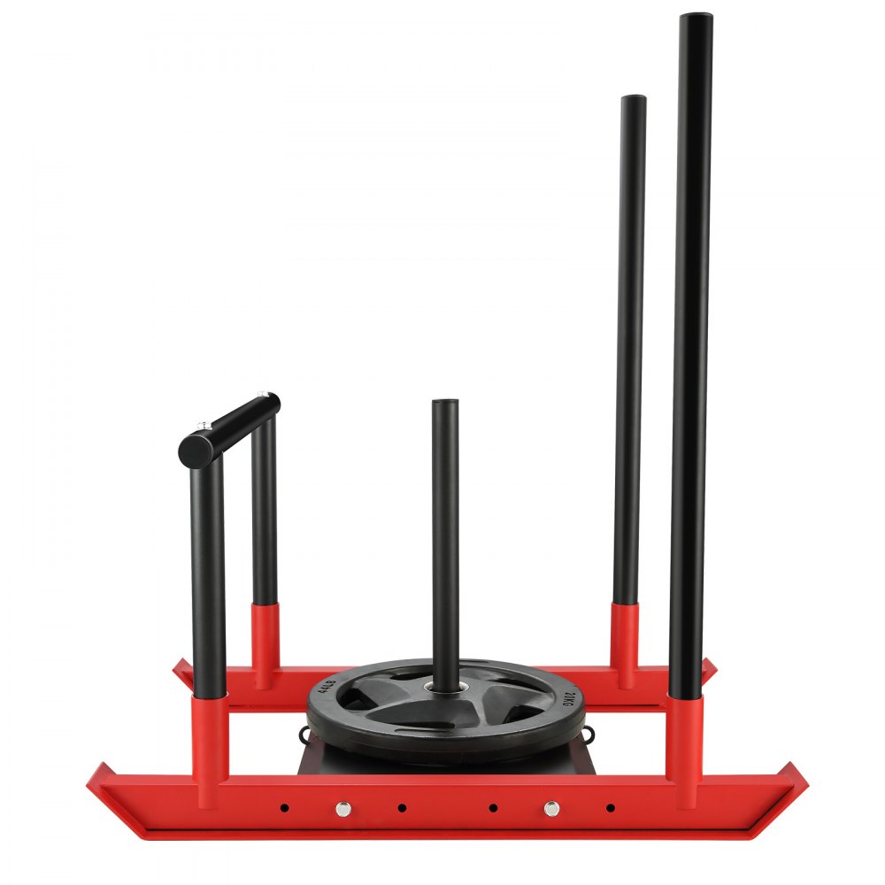 VEVOR Trineo de Potencia de Acero a Mejorar la Velocidad en Ejercicios Atléticos, Equipo de Entrenamiento con Asa y Mango en T, Compatible con Discos 25/51 mm, Rojo y Negro, 1030 x 660 x 1040 mm