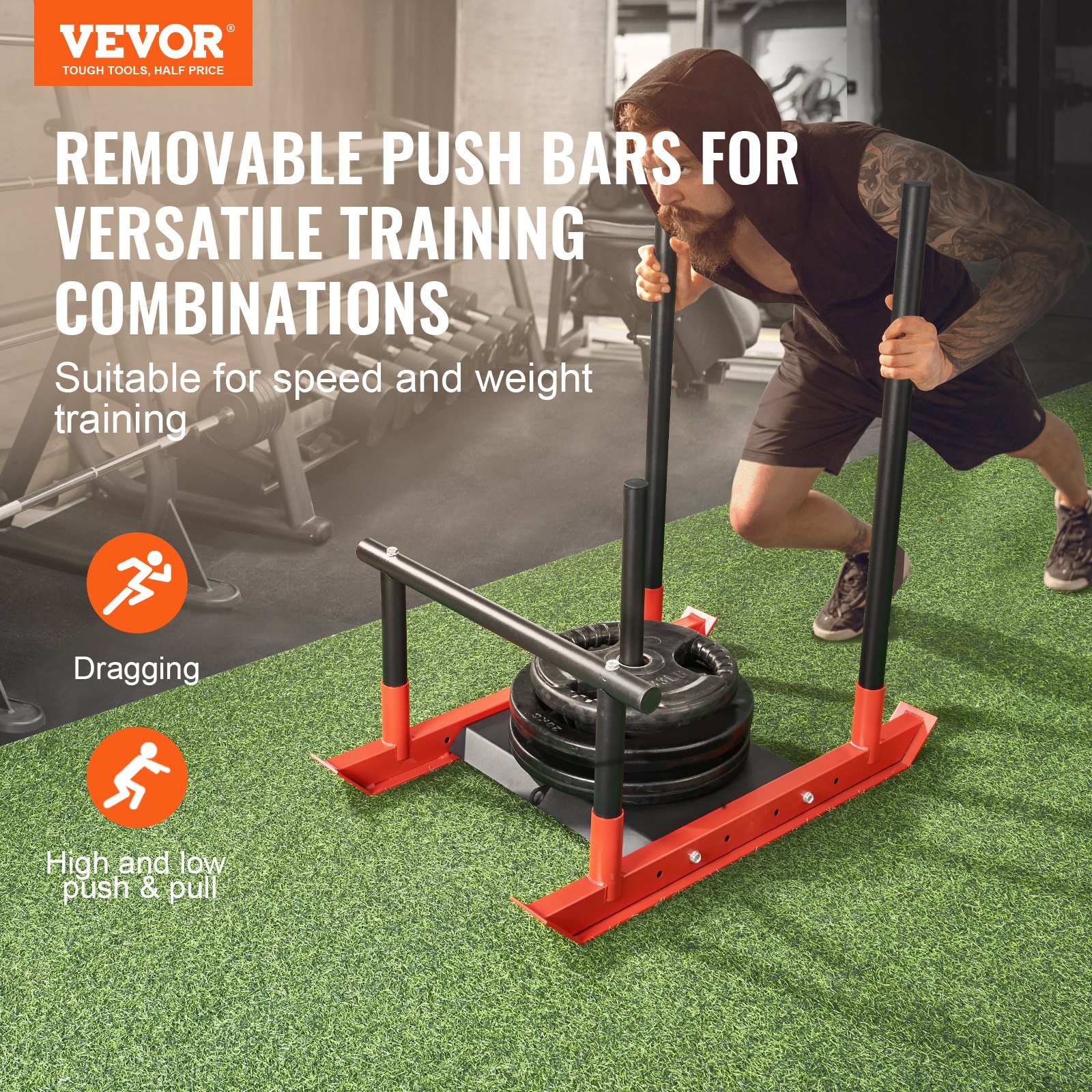 VEVOR Trineo de Potencia de Acero a Mejorar la Velocidad en Ejercicios Atléticos, Equipo de Entrenamiento con Asa y Mango en T, Compatible con Discos 25/51 mm, Rojo y Negro, 1030 x 660 x 1040 mm