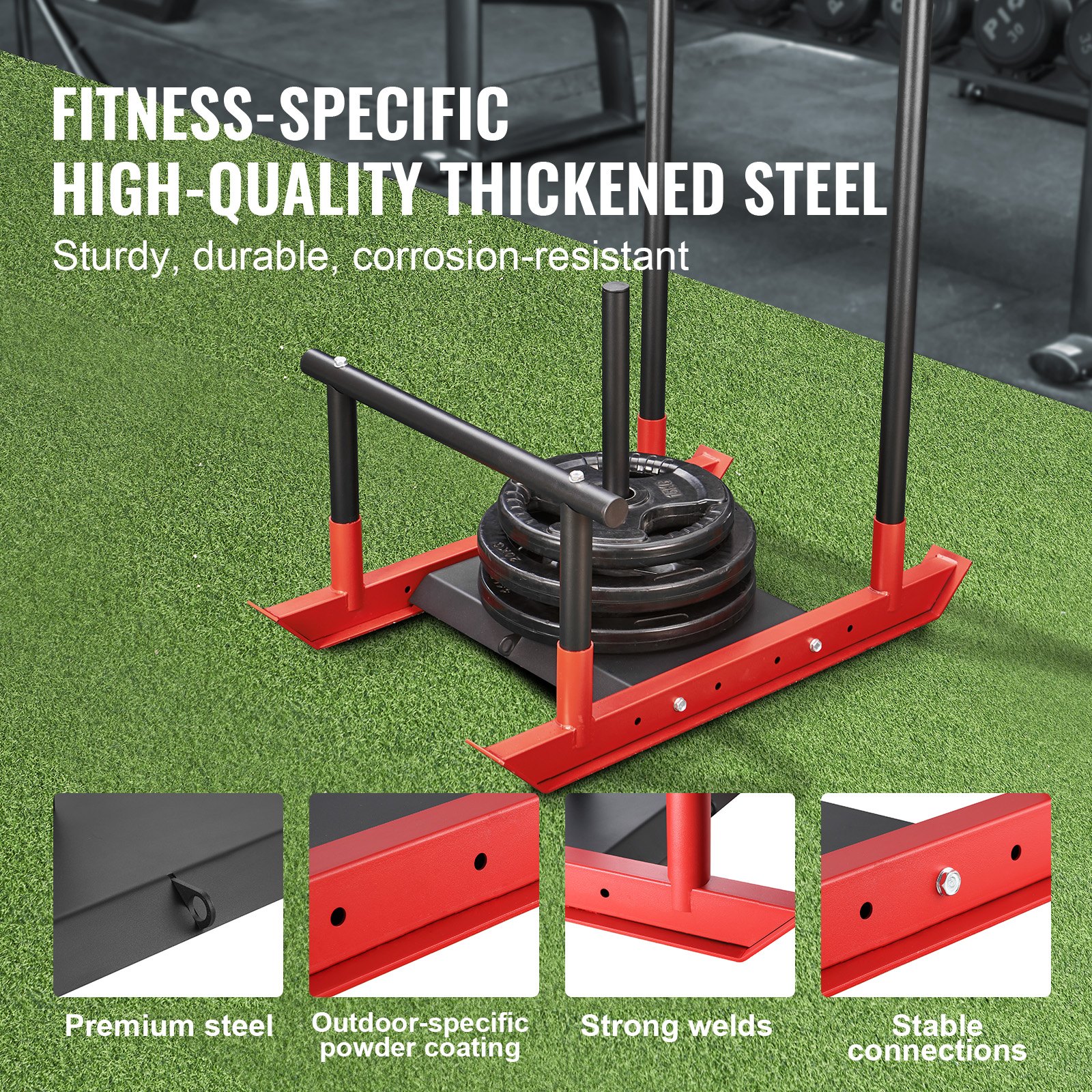 VEVOR Trineo de Potencia de Acero a Mejorar la Velocidad en Ejercicios Atléticos, Equipo de Entrenamiento con Asa y Mango en T, Compatible con Discos 25/51 mm, Rojo y Negro, 1030 x 660 x 1040 mm