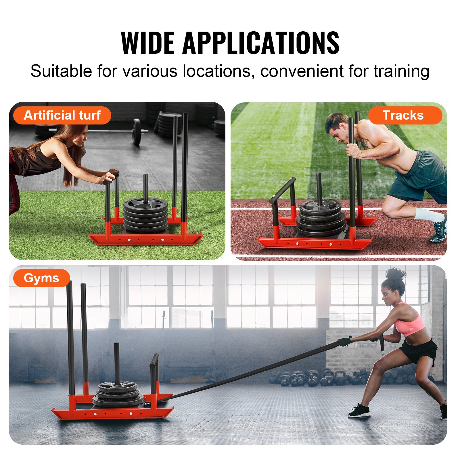 VEVOR Trineo de Potencia de Acero a Mejorar la Velocidad en Ejercicios Atléticos, Equipo de Entrenamiento con Asa y Mango en T, Compatible con Discos 25/51 mm, Rojo y Negro, 1030 x 660 x 1040 mm